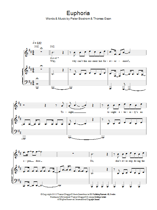 Learn to play Loreen Euphoria sheet music for Piano, Vocal & Guitar Chords in minutes. Price: 7.8900$ Loreen Euphoria sheet music notes and chords arranged for Piano, Vocal & Guitar Chords