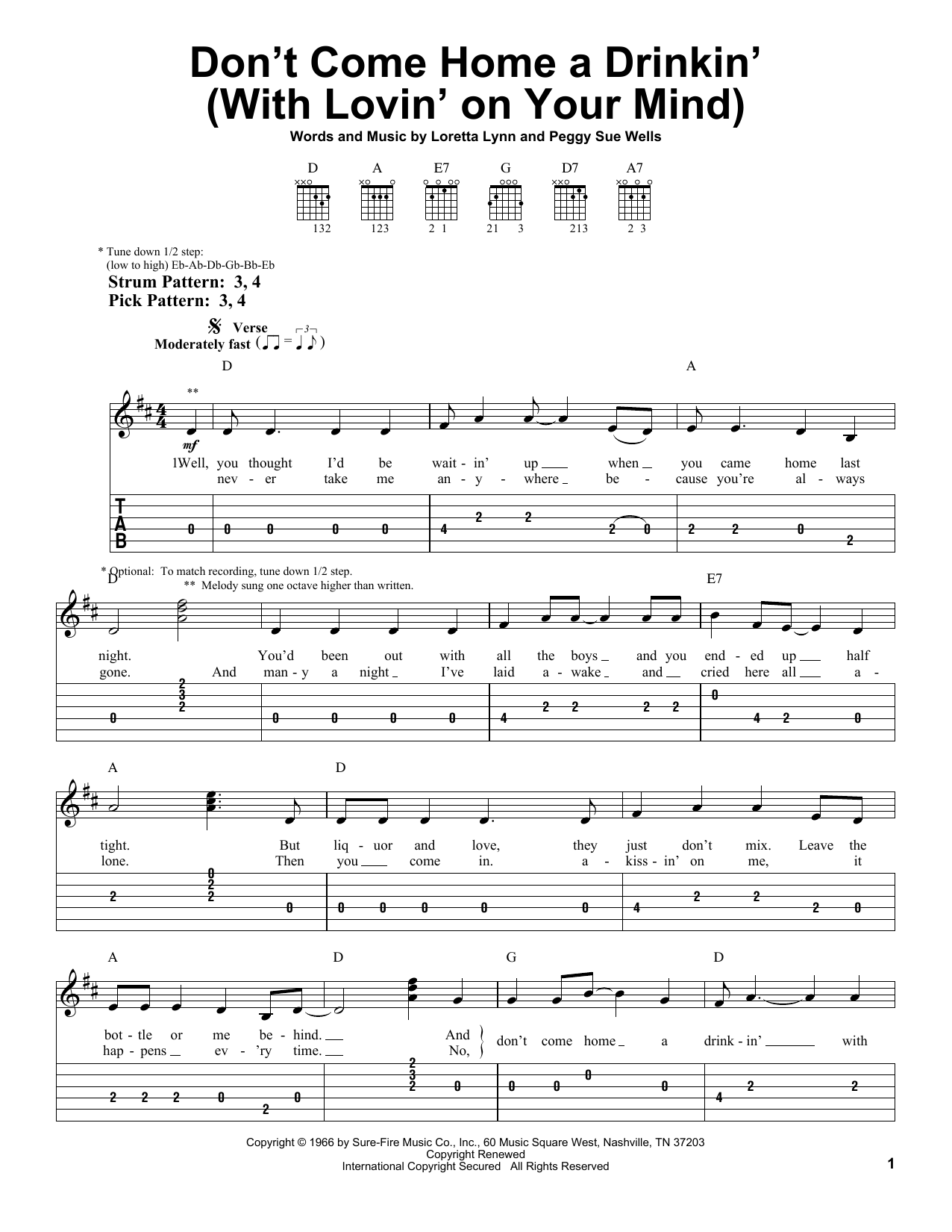 Loretta Lynn Don't Come Home A Drinkin' (With Lovin' On Your Mind) sheet music notes and chords. Download Printable PDF.