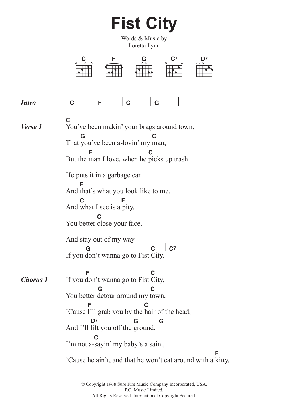 Loretta Lynn Fist City sheet music notes and chords. Download Printable PDF.