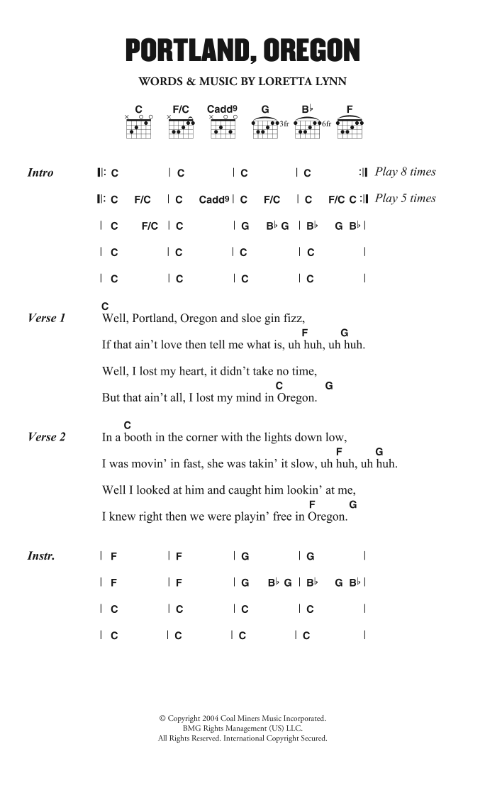 Loretta Lynn Portland, Oregon sheet music notes and chords. Download Printable PDF.