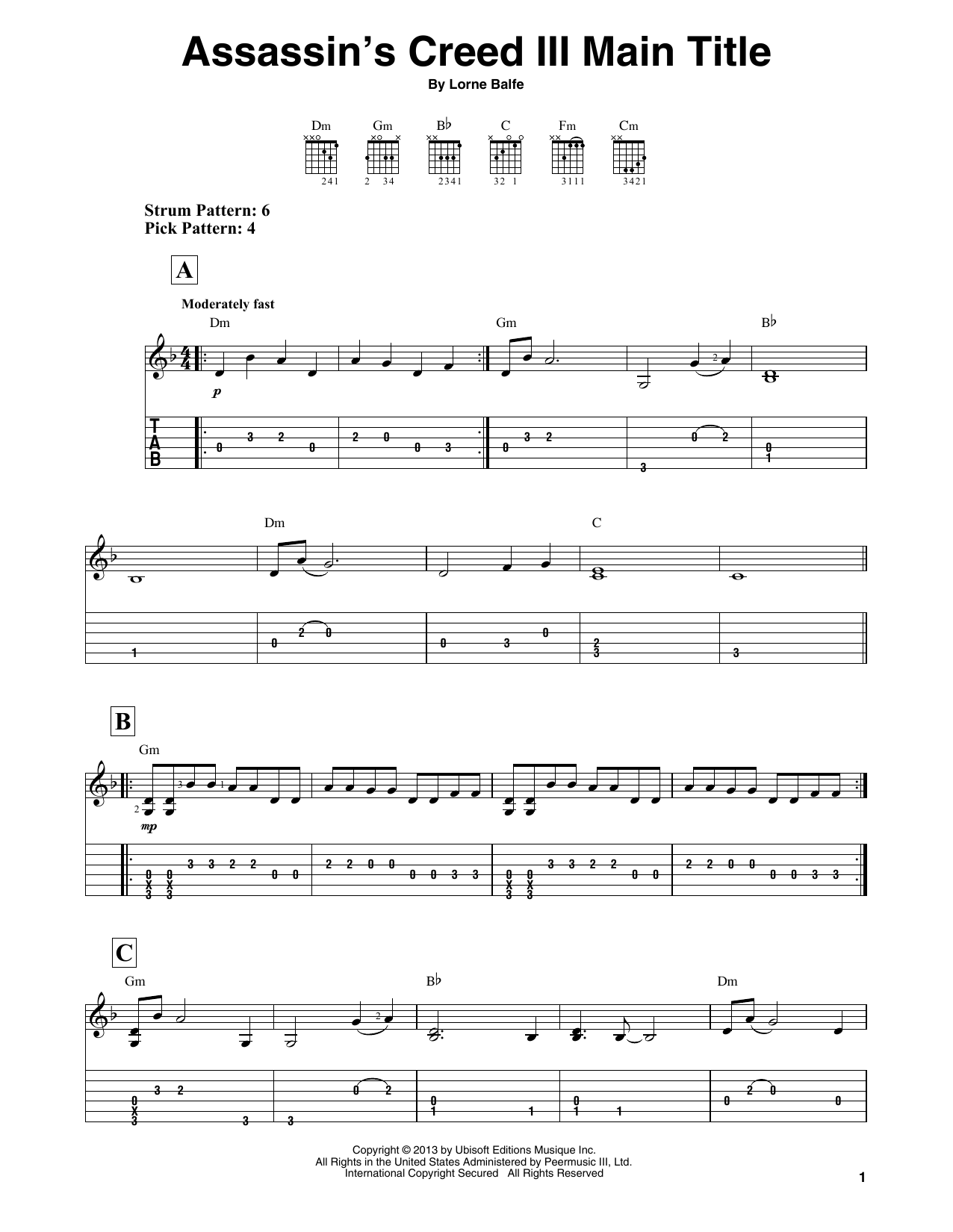 Lorne Balfe Assassin's Creed III Main Title sheet music notes and chords. Download Printable PDF.