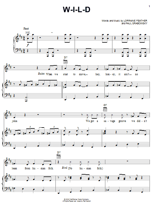 Learn to play Lorraine Feather W-I-L-D (from The Jungle Book 2) sheet music for Piano, Vocal & Guitar Chords (Right-Hand Melody) in minutes. Price: 7.8900$ Lorraine Feather W-I-L-D (from The Jungle Book 2) sheet music notes and chords arranged for Piano, Vocal & Guitar Chords (Right-Hand Melody)