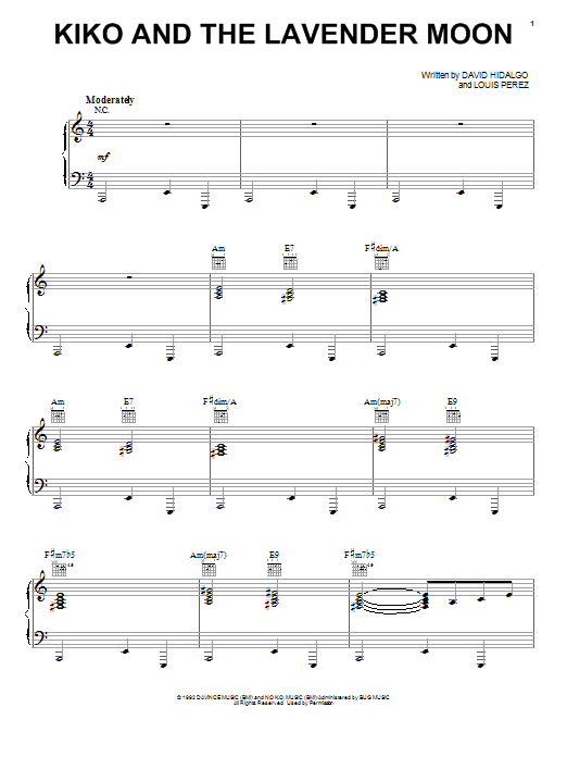 Learn to play Los Lobos Kiko And The Lavender Moon sheet music for Piano, Vocal & Guitar Chords (Right-Hand Melody) in minutes. Price: 7.8900$ Los Lobos Kiko And The Lavender Moon sheet music notes and chords arranged for Piano, Vocal & Guitar Chords (Right-Hand Melody)