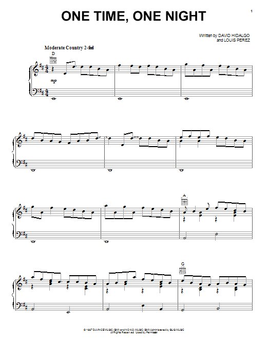 Learn to play Los Lobos One Time, One Night sheet music for Piano, Vocal & Guitar Chords (Right-Hand Melody) in minutes. Price: 7.8900$ Los Lobos One Time, One Night sheet music notes and chords arranged for Piano, Vocal & Guitar Chords (Right-Hand Melody)