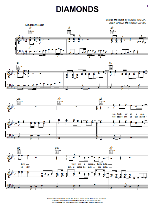 Learn to play Los Lonely Boys Diamonds sheet music for Piano, Vocal & Guitar Chords (Right-Hand Melody) in minutes. Price: 7.8900$ Los Lonely Boys Diamonds sheet music notes and chords arranged for Piano, Vocal & Guitar Chords (Right-Hand Melody)