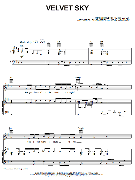 Los Lonely Boys Velvet Sky sheet music notes and chords arranged for Piano, Vocal & Guitar Chords (Right-Hand Melody)