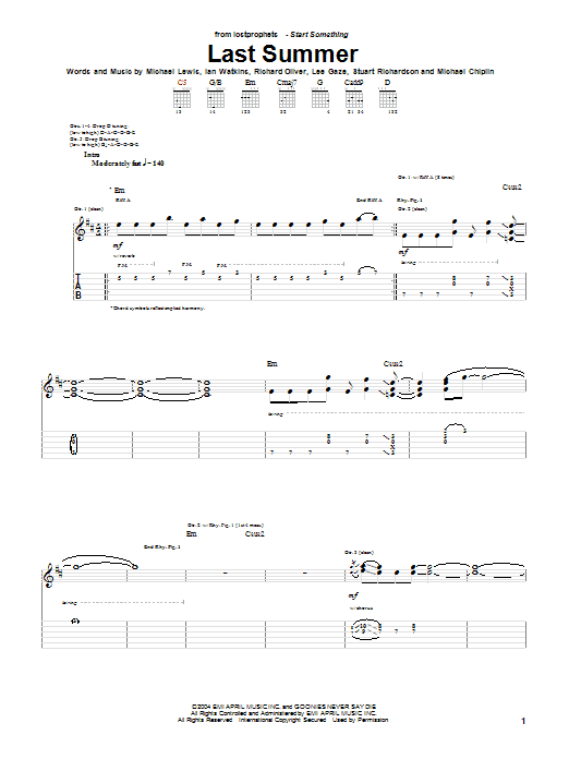 Learn to play Lostprophets Last Summer sheet music for Guitar Tab in minutes. Price: 7.8900$ Lostprophets Last Summer sheet music notes and chords arranged for Guitar Tab