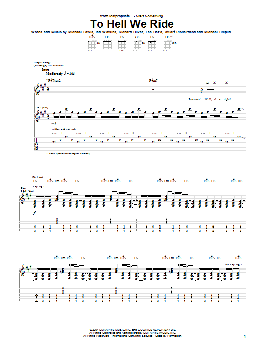 Learn to play Lostprophets To Hell We Ride sheet music for Guitar Tab in minutes. Price: 7.8900$ Lostprophets To Hell We Ride sheet music notes and chords arranged for Guitar Tab