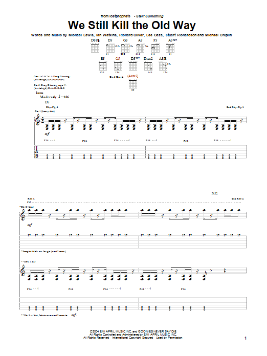 Learn to play Lostprophets We Still Kill The Old Way sheet music for Guitar Tab in minutes. Price: 7.8900$ Lostprophets We Still Kill The Old Way sheet music notes and chords arranged for Guitar Tab