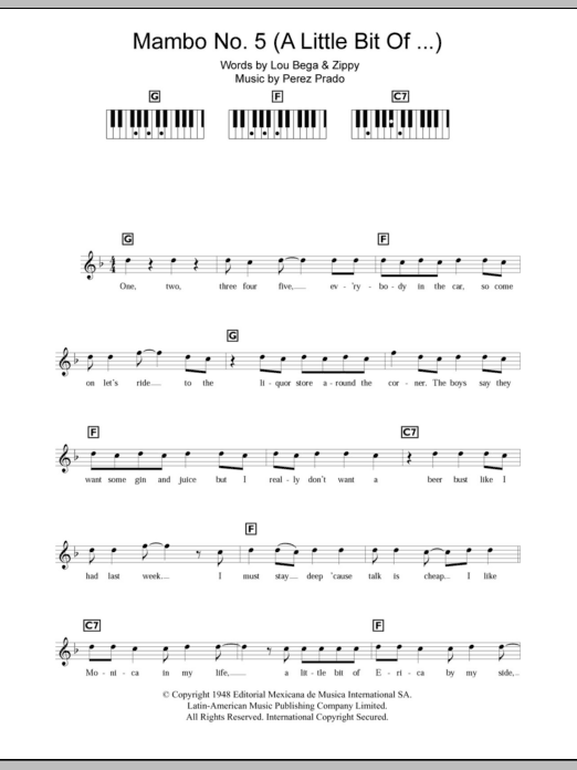 Lou Bega Mambo No. 5 (A Little Bit Of... ) sheet music notes and chords. Download Printable PDF.