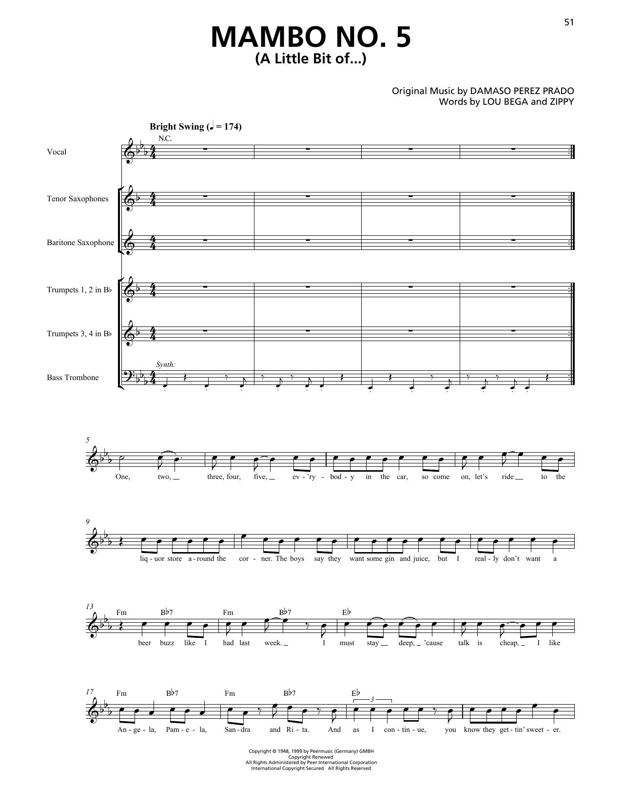 Lou Bega Mambo No. 5 (A Little Bit Of...) (Horn Section) sheet music notes and chords. Download Printable PDF.