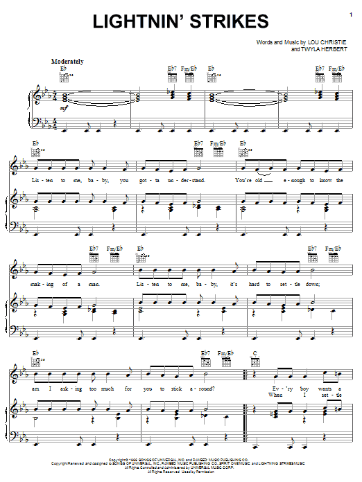 Lou Christie Lightnin' Strikes sheet music notes and chords arranged for Piano, Vocal & Guitar Chords (Right-Hand Melody)