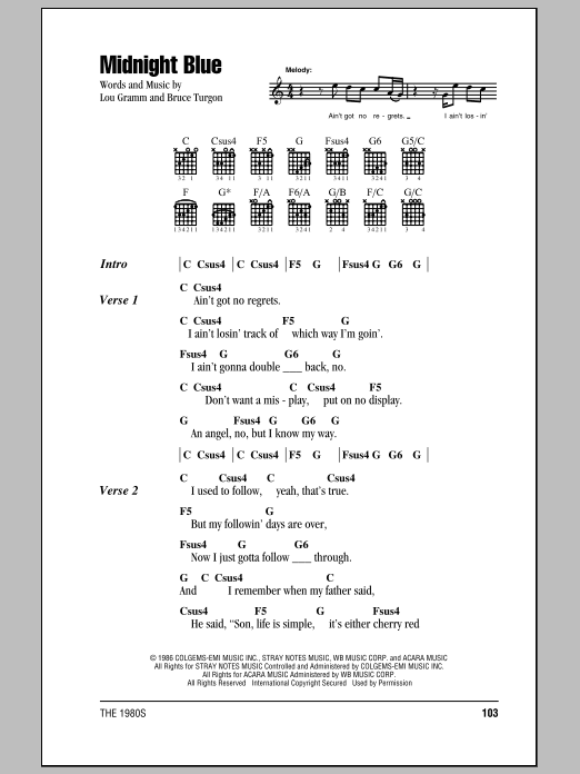 Lou Gramm Midnight Blue sheet music notes and chords. Download Printable PDF.