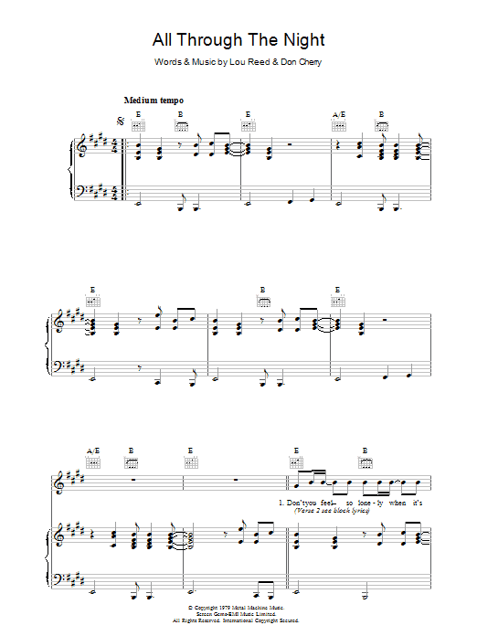 Learn to play Lou Reed All Through The Night sheet music for Piano, Vocal & Guitar Chords in minutes. Price: 7.8900$ Lou Reed All Through The Night sheet music notes and chords arranged for Piano, Vocal & Guitar Chords