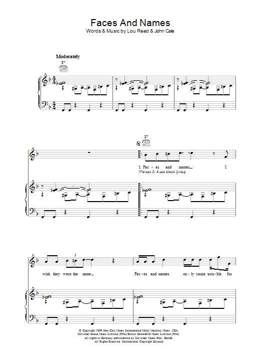 Learn to play Lou Reed Faces And Names sheet music for Piano, Vocal & Guitar Chords in minutes. Price: 7.8900$ Lou Reed Faces And Names sheet music notes and chords arranged for Piano, Vocal & Guitar Chords