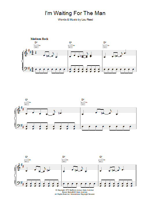 Learn to play Lou Reed I'm Waiting For The Man sheet music for Piano, Vocal & Guitar Chords in minutes. Price: 7.8900$ Lou Reed I'm Waiting For The Man sheet music notes and chords arranged for Piano, Vocal & Guitar Chords