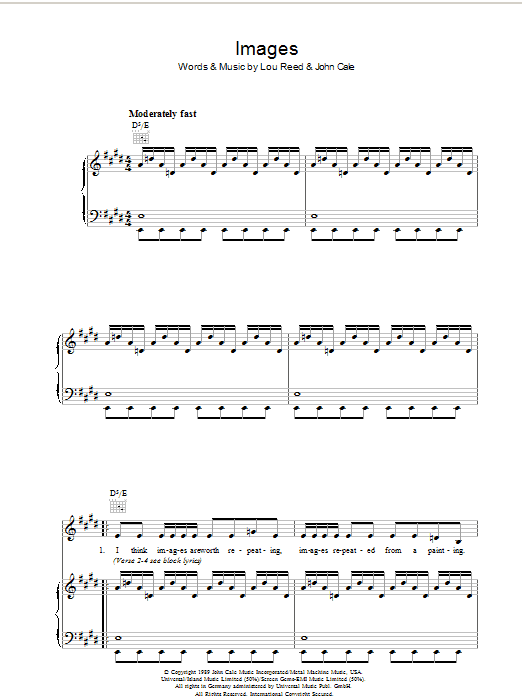 Learn to play John Cale Images sheet music for Piano, Vocal & Guitar Chords in minutes. Price: 7.8900$ John Cale Images sheet music notes and chords arranged for Piano, Vocal & Guitar Chords