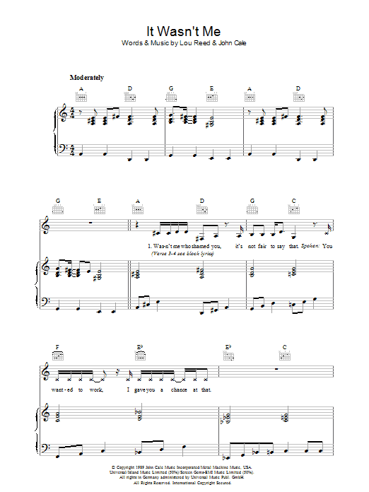 Learn to play Lou Reed It Wasn't Me sheet music for Piano, Vocal & Guitar Chords in minutes. Price: 7.8900$ Lou Reed It Wasn't Me sheet music notes and chords arranged for Piano, Vocal & Guitar Chords