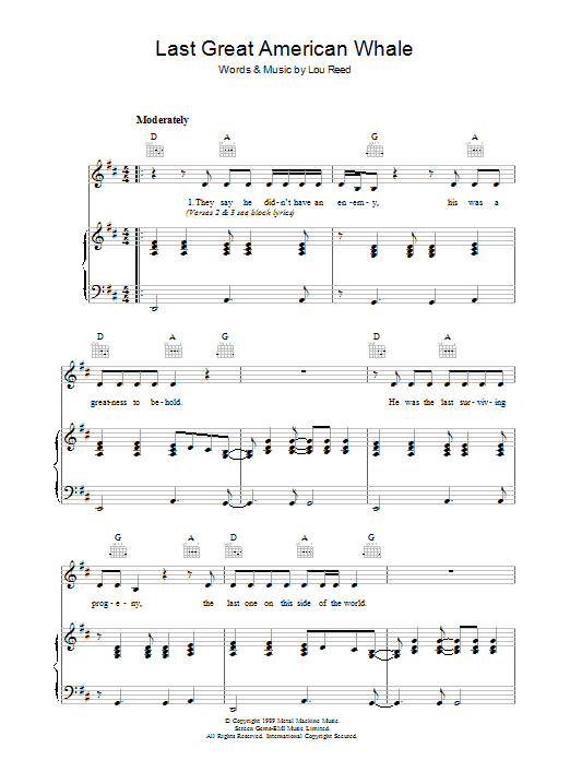 Learn to play Lou Reed Last Great American Whale sheet music for Piano, Vocal & Guitar Chords in minutes. Price: 7.8900$ Lou Reed Last Great American Whale sheet music notes and chords arranged for Piano, Vocal & Guitar Chords