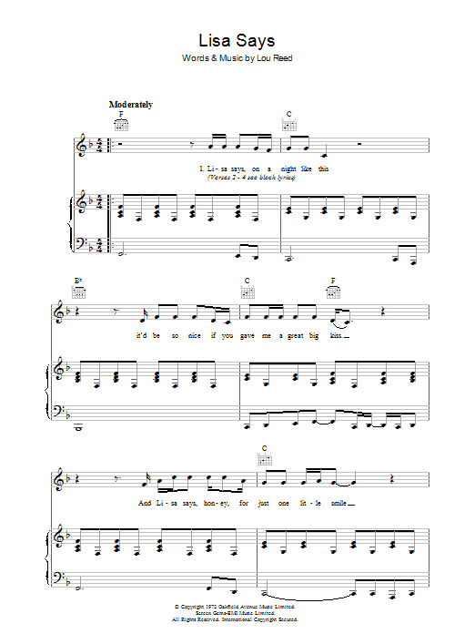 Learn to play Lou Reed Lisa Says sheet music for Piano, Vocal & Guitar Chords in minutes. Price: 7.8900$ Lou Reed Lisa Says sheet music notes and chords arranged for Piano, Vocal & Guitar Chords