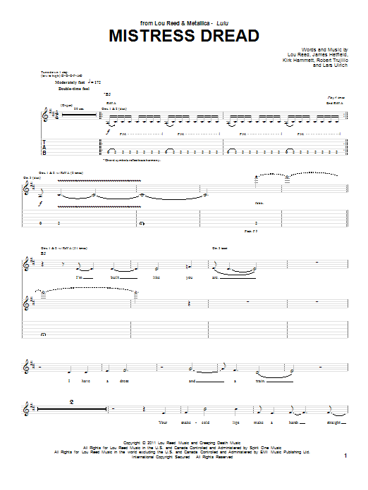 Learn to play Lou Reed & Metallica Mistress Dread sheet music for Guitar Tab in minutes. Price: 7.8900$ Lou Reed & Metallica Mistress Dread sheet music notes and chords arranged for Guitar Tab