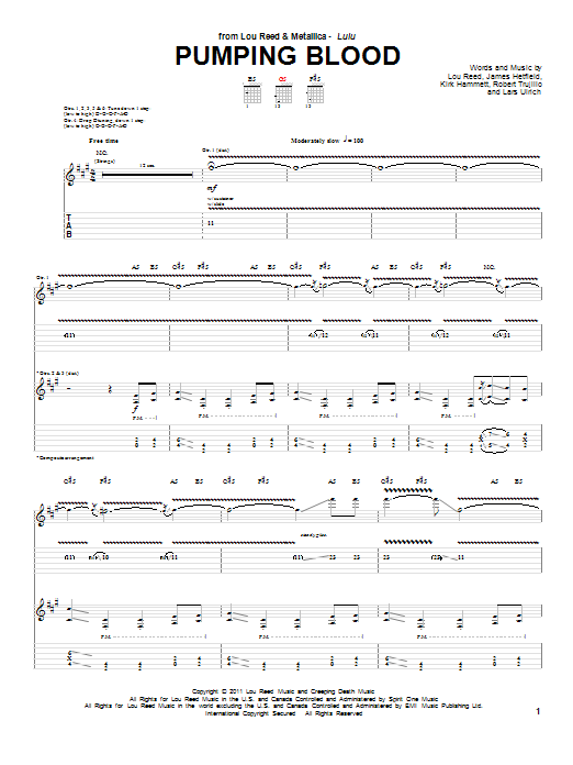 Learn to play Lou Reed & Metallica Pumping Blood sheet music for Guitar Tab in minutes. Price: 7.8900$ Lou Reed & Metallica Pumping Blood sheet music notes and chords arranged for Guitar Tab