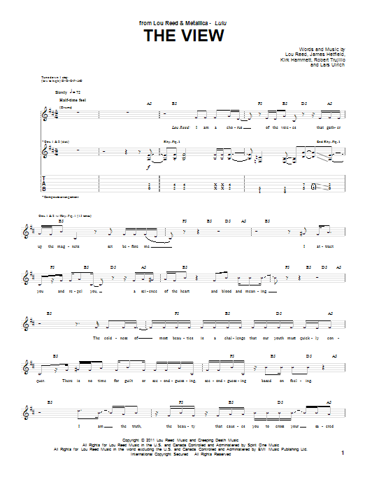 Learn to play Lou Reed & Metallica The View sheet music for Guitar Tab in minutes. Price: 7.8900$ Lou Reed & Metallica The View sheet music notes and chords arranged for Guitar Tab