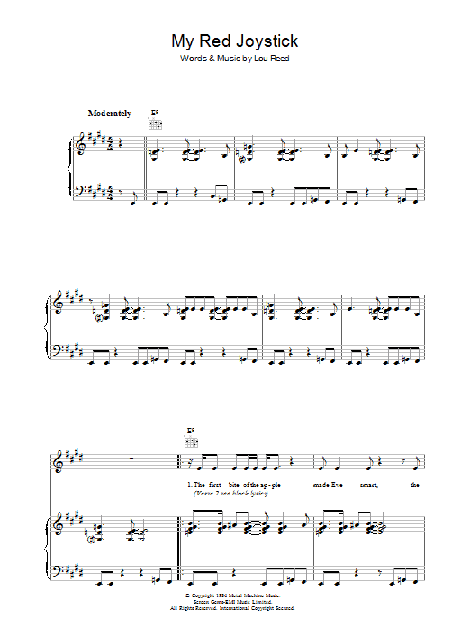Learn to play Lou Reed My Red Joystick sheet music for Piano, Vocal & Guitar Chords in minutes. Price: 7.8900$ Lou Reed My Red Joystick sheet music notes and chords arranged for Piano, Vocal & Guitar Chords