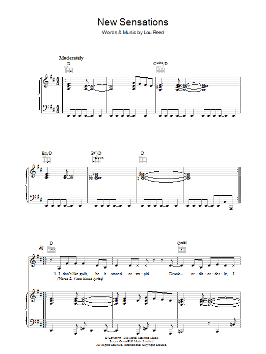 Learn to play Lou Reed New Sensations sheet music for Piano, Vocal & Guitar Chords in minutes. Price: 7.8900$ Lou Reed New Sensations sheet music notes and chords arranged for Piano, Vocal & Guitar Chords