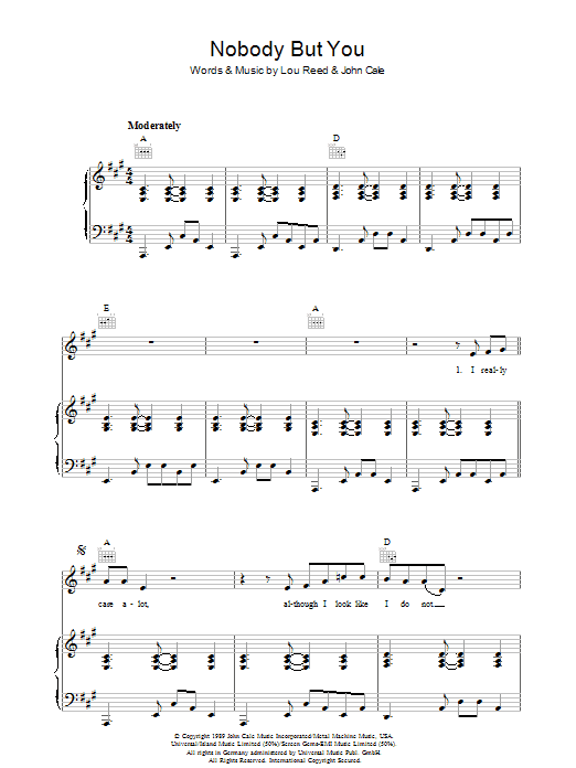 Learn to play Lou Reed Nobody But You sheet music for Piano, Vocal & Guitar Chords in minutes. Price: 7.8900$ Lou Reed Nobody But You sheet music notes and chords arranged for Piano, Vocal & Guitar Chords