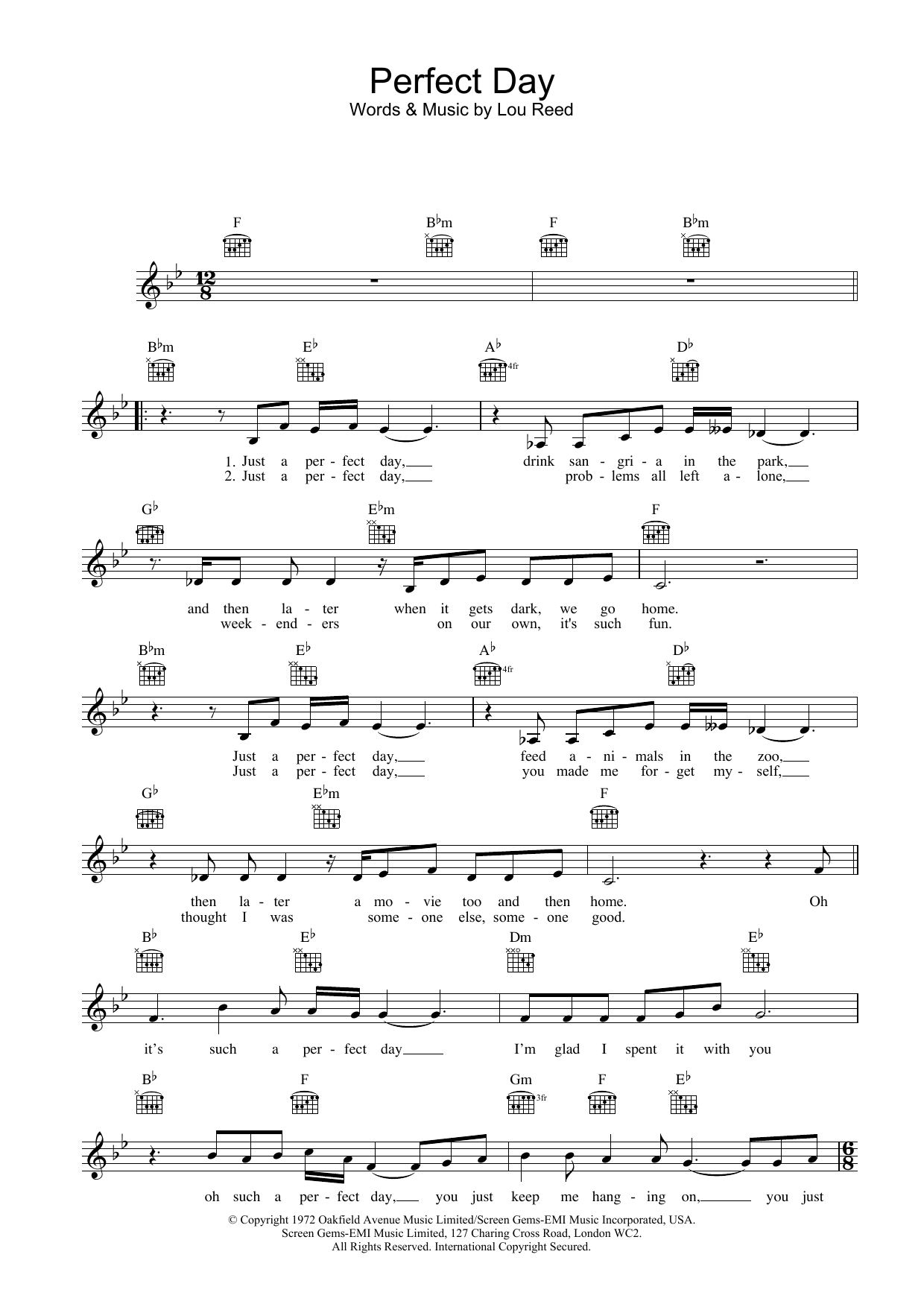 Lou Reed Perfect Day sheet music notes and chords. Download Printable PDF.