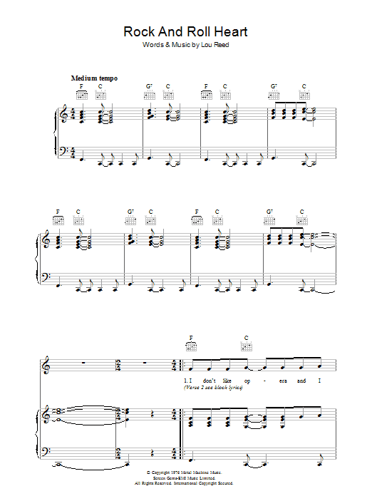 Lou Reed Rock And Roll Heart sheet music notes and chords arranged for Piano, Vocal & Guitar Chords