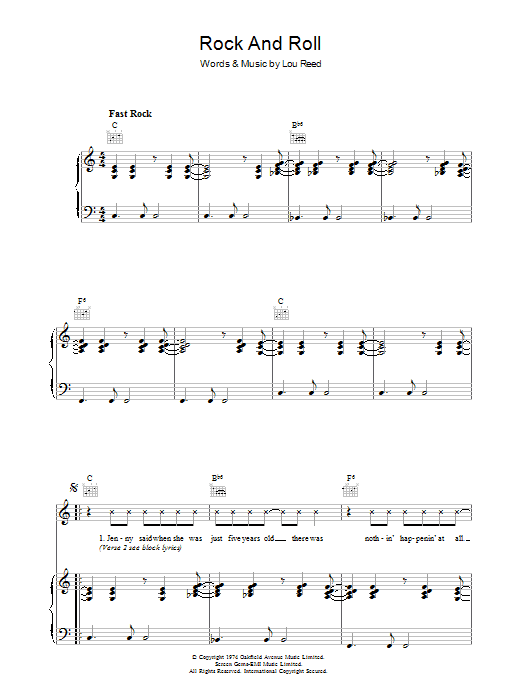 Learn to play Lou Reed Rock And Roll sheet music for Piano, Vocal & Guitar Chords in minutes. Price: 7.8900$ Lou Reed Rock And Roll sheet music notes and chords arranged for Piano, Vocal & Guitar Chords