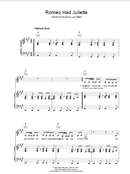 Learn to play Lou Reed Romeo Had Juliette sheet music for Piano, Vocal & Guitar Chords in minutes. Price: 7.8900$ Lou Reed Romeo Had Juliette sheet music notes and chords arranged for Piano, Vocal & Guitar Chords