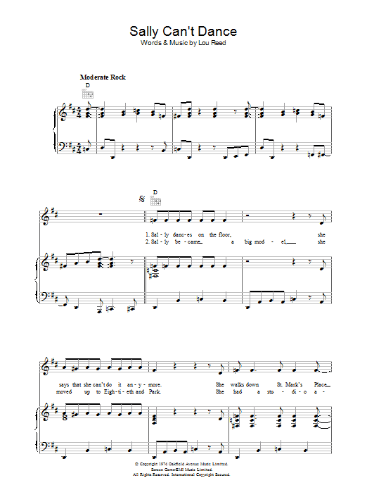 Learn to play Lou Reed Sally Can't Dance sheet music for Piano, Vocal & Guitar Chords in minutes. Price: 7.8900$ Lou Reed Sally Can't Dance sheet music notes and chords arranged for Piano, Vocal & Guitar Chords