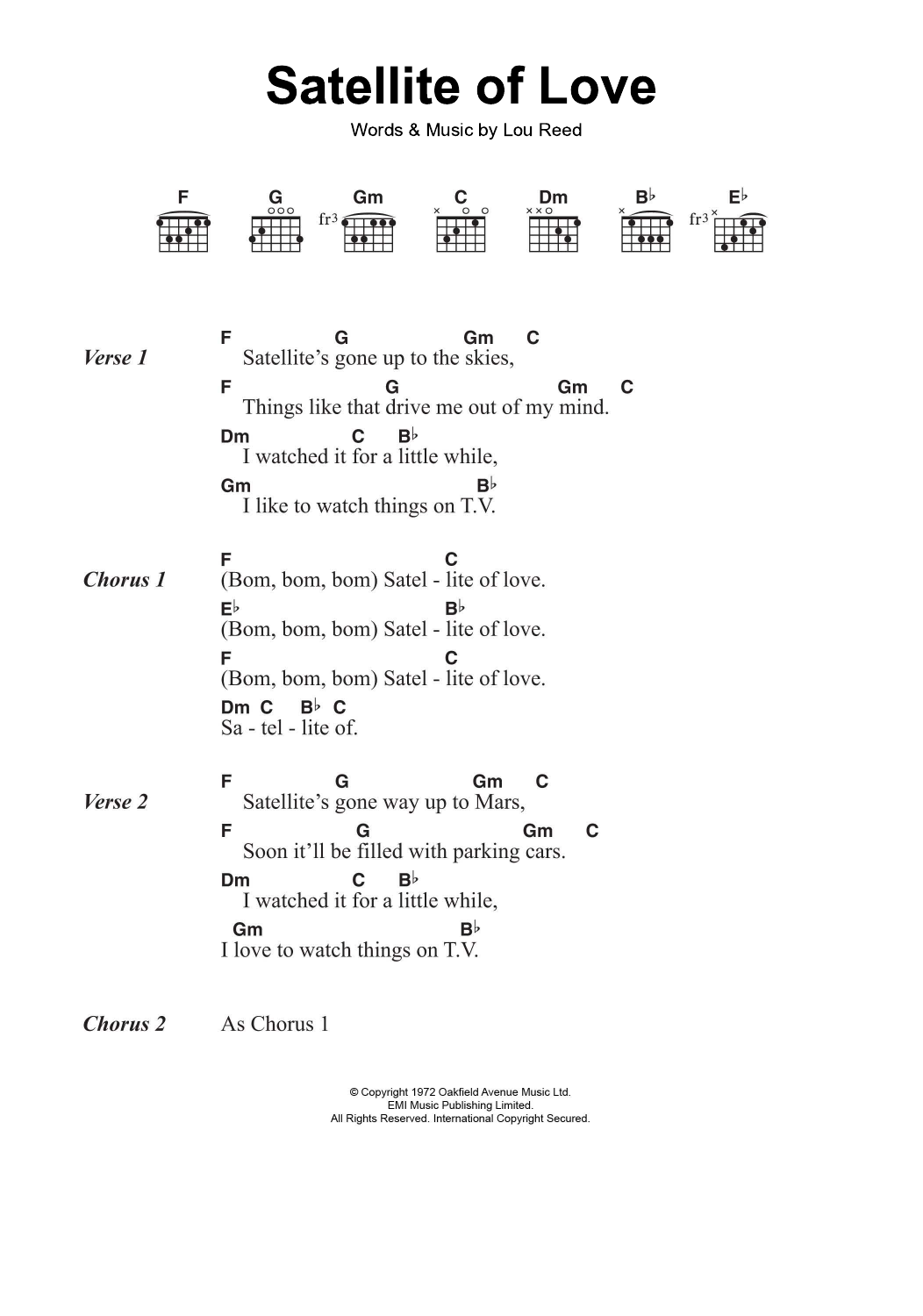 Lou Reed Satellite Of Love sheet music notes and chords arranged for Guitar Chords/Lyrics