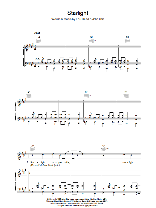 Learn to play Lou Reed Starlight sheet music for Piano, Vocal & Guitar Chords in minutes. Price: 7.8900$ Lou Reed Starlight sheet music notes and chords arranged for Piano, Vocal & Guitar Chords