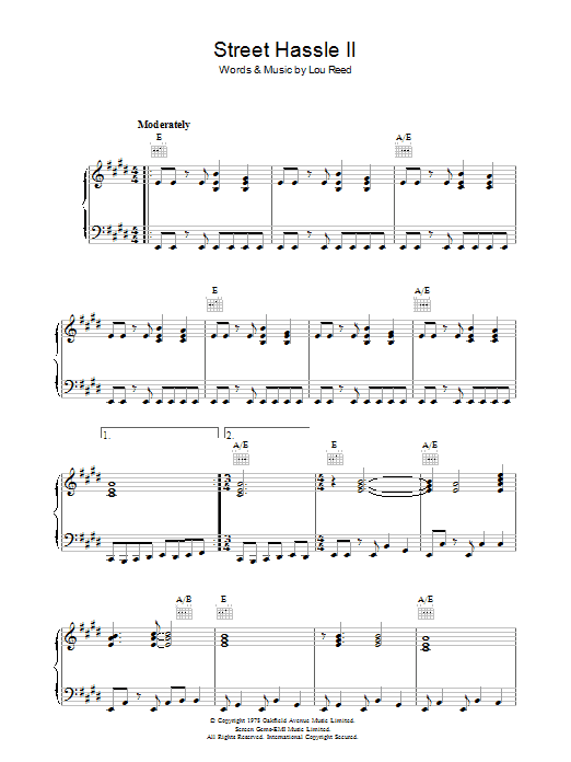 Learn to play Lou Reed Street Hassle II sheet music for Piano, Vocal & Guitar Chords in minutes. Price: 7.8900$ Lou Reed Street Hassle II sheet music notes and chords arranged for Piano, Vocal & Guitar Chords