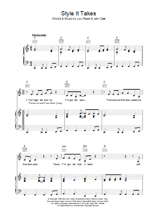 Learn to play Lou Reed Style It Takes sheet music for Piano, Vocal & Guitar Chords in minutes. Price: 7.8900$ Lou Reed Style It Takes sheet music notes and chords arranged for Piano, Vocal & Guitar Chords