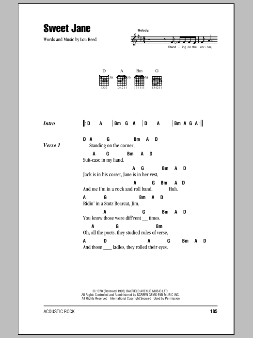 Lou Reed Sweet Jane (Intro) sheet music notes and chords. Download Printable PDF.