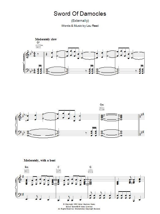 Learn to play Lou Reed Sword Of Damocles sheet music for Piano, Vocal & Guitar Chords in minutes. Price: 7.8900$ Lou Reed Sword Of Damocles sheet music notes and chords arranged for Piano, Vocal & Guitar Chords