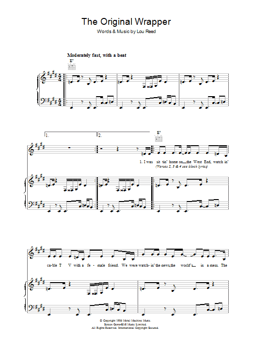 Learn to play Lou Reed The Original Wrapper sheet music for Piano, Vocal & Guitar Chords in minutes. Price: 7.8900$ Lou Reed The Original Wrapper sheet music notes and chords arranged for Piano, Vocal & Guitar Chords