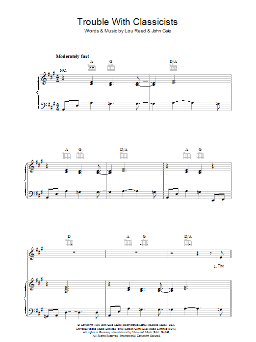 Learn to play Lou Reed Trouble With Classicists sheet music for Piano, Vocal & Guitar Chords in minutes. Price: 7.8900$ Lou Reed Trouble With Classicists sheet music notes and chords arranged for Piano, Vocal & Guitar Chords