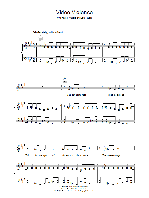 Learn to play Lou Reed Video Violence sheet music for Piano, Vocal & Guitar Chords in minutes. Price: 7.8900$ Lou Reed Video Violence sheet music notes and chords arranged for Piano, Vocal & Guitar Chords