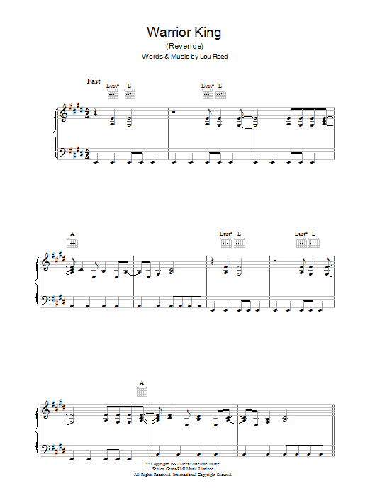 Learn to play Lou Reed Warrior King sheet music for Piano, Vocal & Guitar Chords in minutes. Price: 7.8900$ Lou Reed Warrior King sheet music notes and chords arranged for Piano, Vocal & Guitar Chords