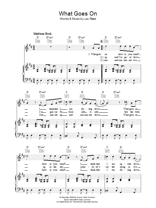 Learn to play Lou Reed What Goes On sheet music for Piano, Vocal & Guitar Chords in minutes. Price: 7.8900$ Lou Reed What Goes On sheet music notes and chords arranged for Piano, Vocal & Guitar Chords