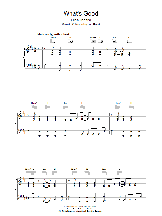 Learn to play Lou Reed What's Good sheet music for Piano, Vocal & Guitar Chords in minutes. Price: 7.8900$ Lou Reed What's Good sheet music notes and chords arranged for Piano, Vocal & Guitar Chords