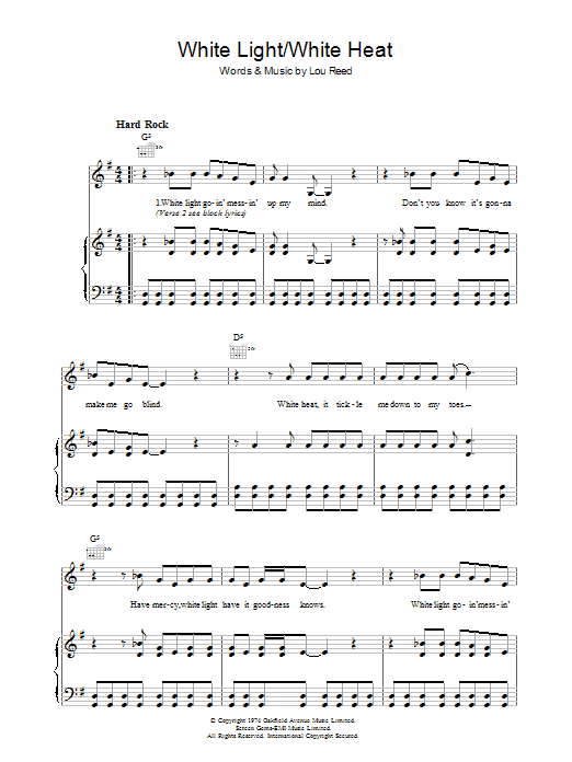 Learn to play Lou Reed White Light/White Heat sheet music for Piano, Vocal & Guitar Chords in minutes. Price: 7.8900$ Lou Reed White Light/White Heat sheet music notes and chords arranged for Piano, Vocal & Guitar Chords