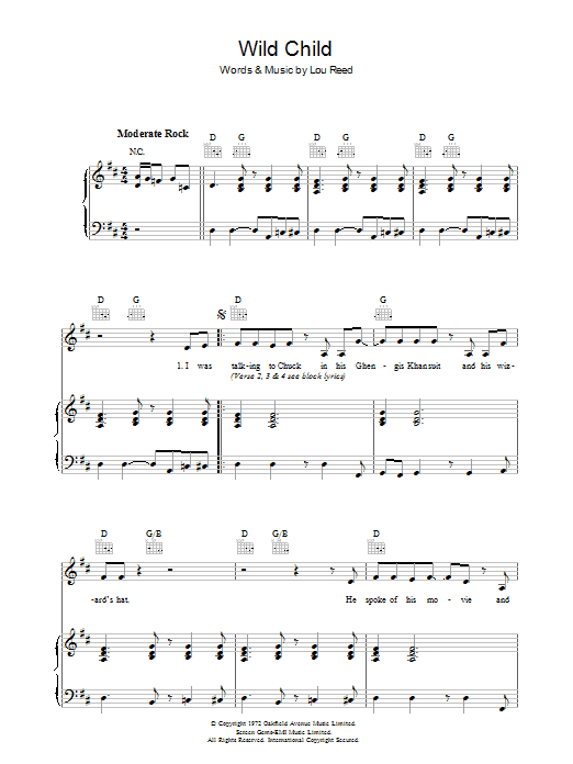 Lou Reed Wild Child sheet music notes and chords arranged for Piano, Vocal & Guitar Chords