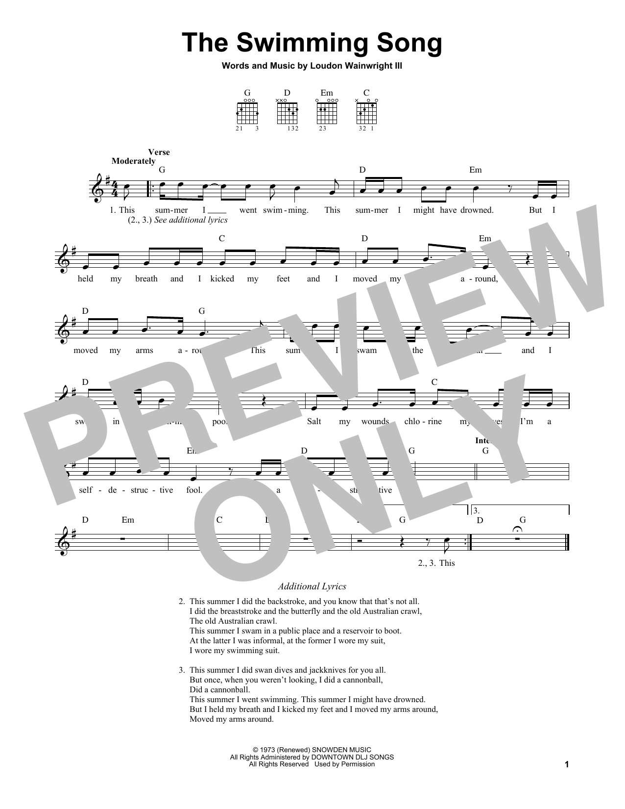 Loudon Wainwright III The Swimming Song sheet music notes and chords. Download Printable PDF.